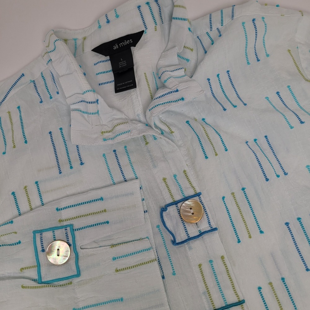 Ali Miles Button Up Shirt Womens Large White Blue Green Crinkle Split Back Top
